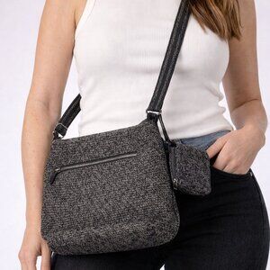 Gray Woven Knit Crossbody Bag Boho Textured Shoulder Purse